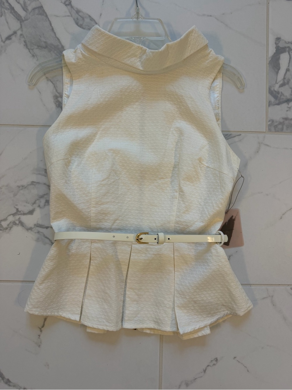 Forever 21 Ivory Textured Mock Neck Peplum Top with Gold Zipper